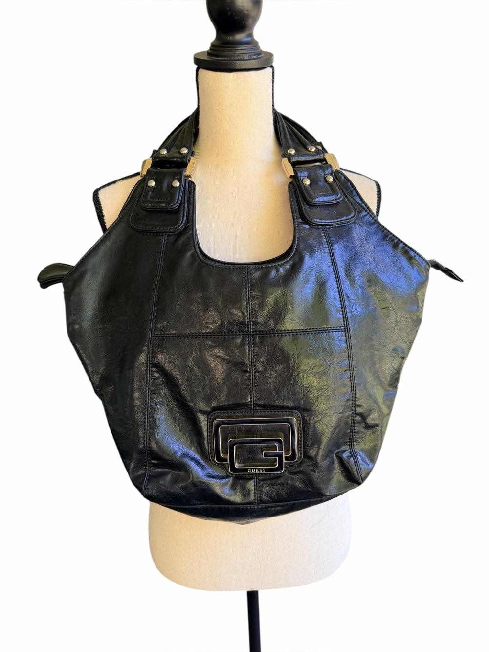 GUESS Black Hobo Bag Slouchy Shoulder Handbag Y2K Glossy
